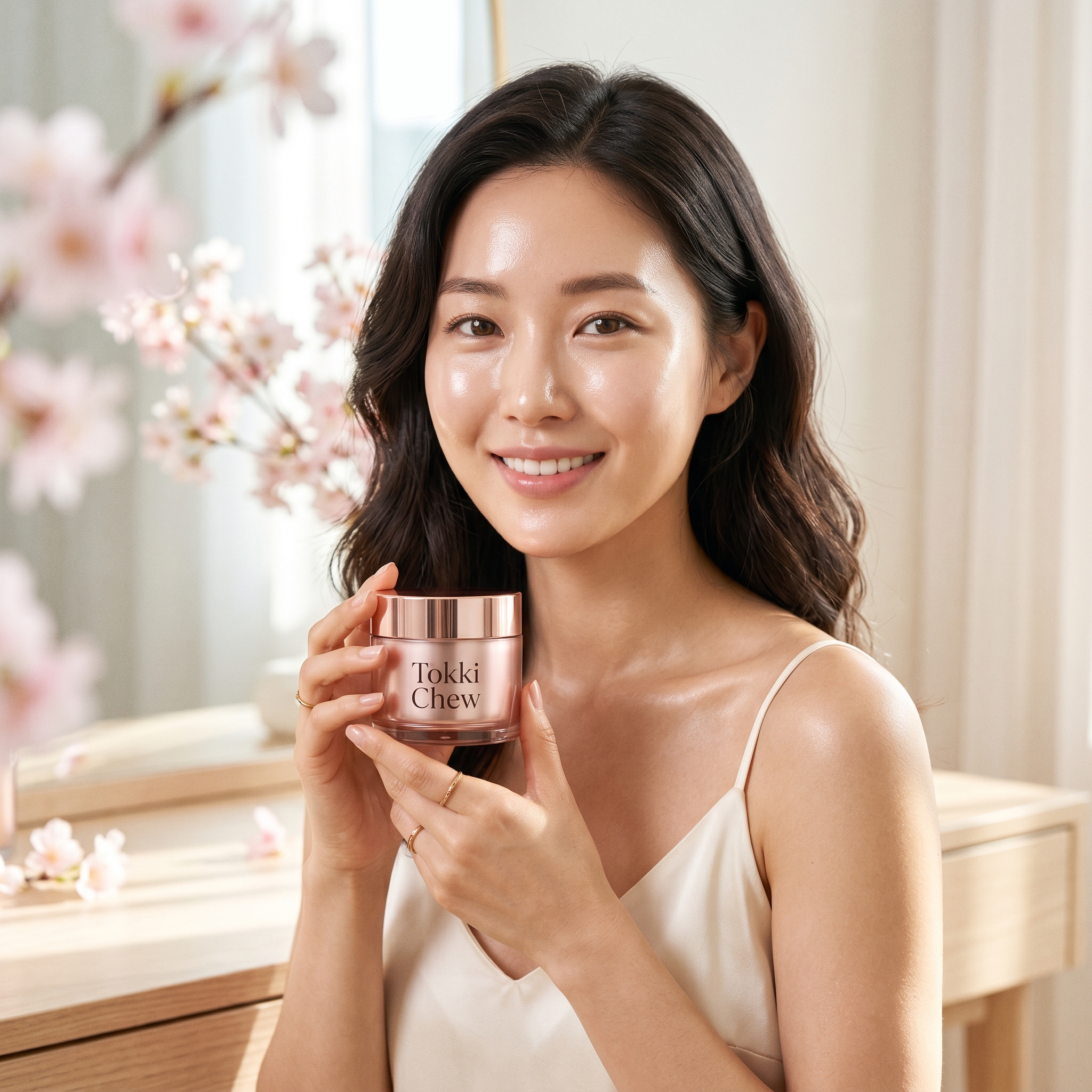 Customer with glowing skin holding Tokki Chew jar