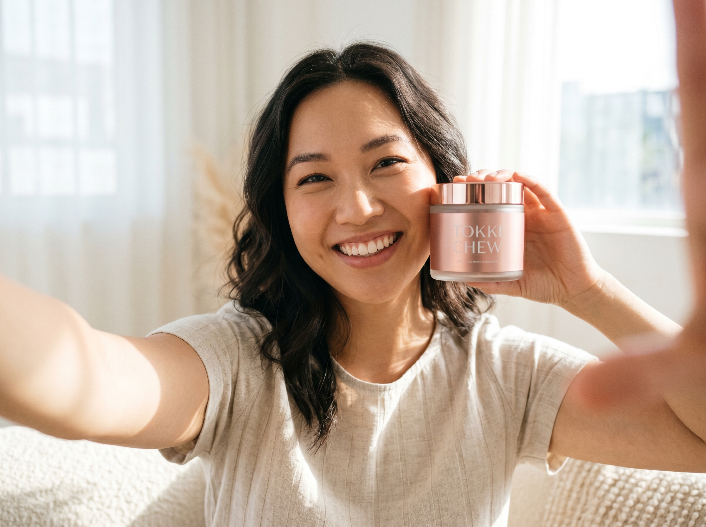 Happy customer selfie with Tokki Chew jar